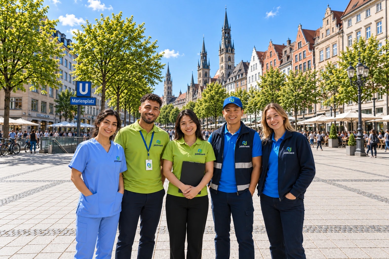 International talents in Jobliment clothing in a German city centre